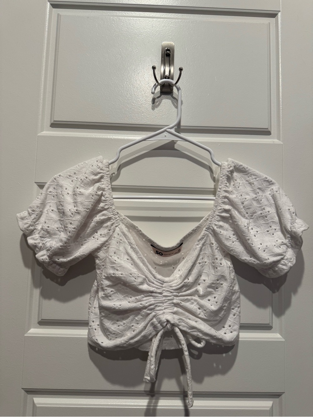 SO White Eyelet Puff-Sleeve Ruched Y2K Inspired Crop Top NWOT